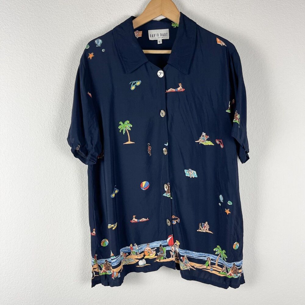 Vintageโ David Dart Tunic Top Womens XL Blue Short Sleeve Beach Tropical Aloha